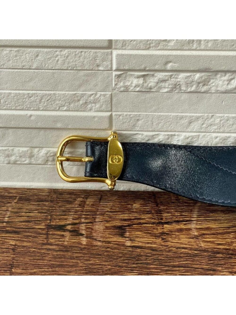 Gucci GG Leather Belt Gold Buckle Navy Hysteria - Picture 6 of 10